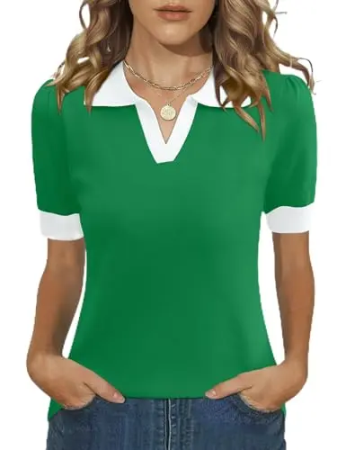 Lomon women's puff short sleeve sweater in green block color