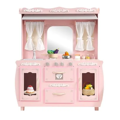 GITAWUSA pink wooden play kitchen set with stove, sink, and oven