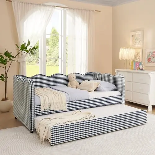 DEINPPA navy blue gingham pattern twin daybed with trundle and USB charging ports