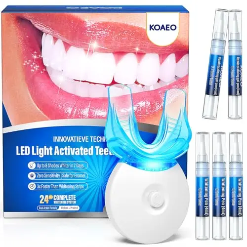 KOAEO teeth whitening kit with LED light, whitening pens, and desensitizing pens