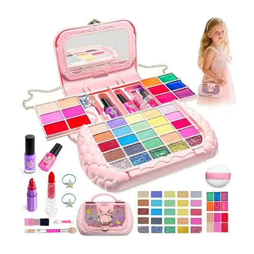 49-piece Girl Makeup Kit in a sparkly tote bag with crossbody strap