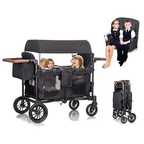 Voupou 4-seater push-pull wagon stroller in black with adjustable canopy.