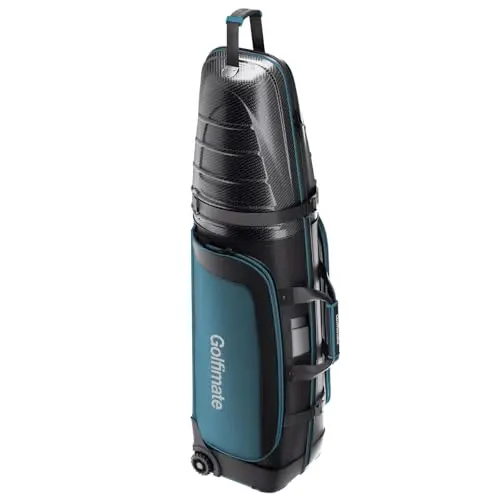 Golfimate golf travel bag with carbon fiber hard top, blue piping, and large wheels