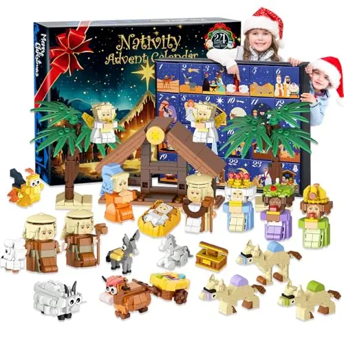 Nativity scene advent calendar building blocks set in a gift box
