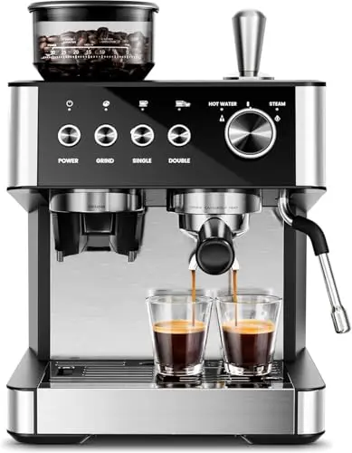 Kismile 15 Bar Espresso Machine in silver with built-in grinder