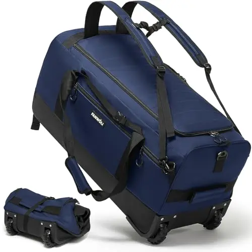 Fanwoli Rolling Duffel Bag with hidden backpack straps and structured base