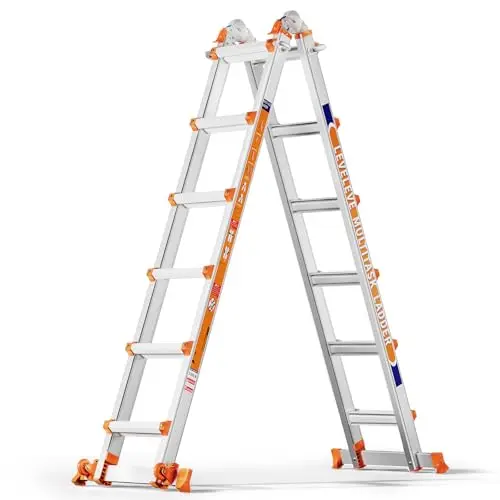 LEVELEVE 22 foot multi-position silver ladder with wheels on the support bars, configured as a straight extension ladder.