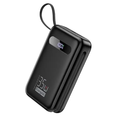 EnergyQC 20000mAh portable charger with built-in USB-C and Lightning cables