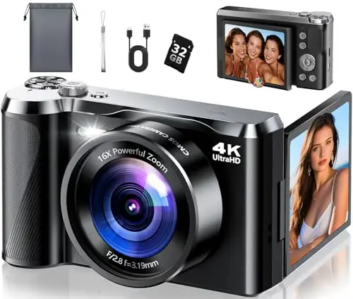Ploomen 4K digital camera with 3-inch flip screen for vlogging