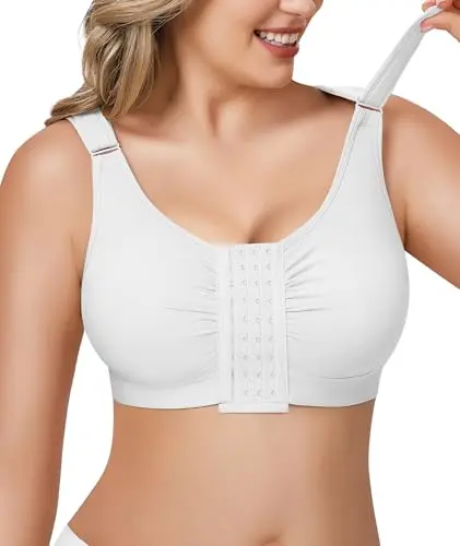 Brabic post-surgery front closure bra in white with wide adjustable straps