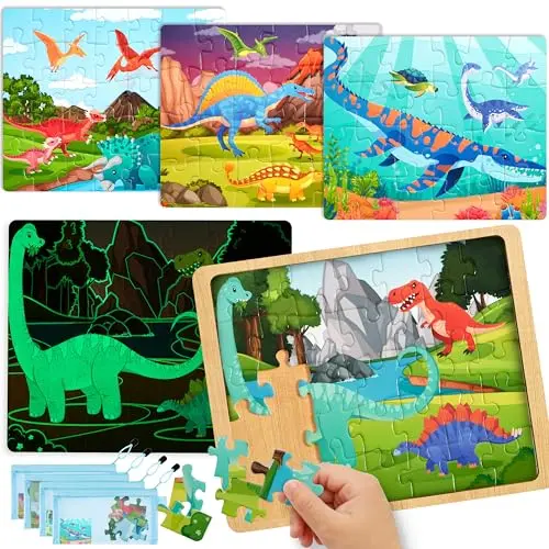 SYNCFUN glow in the dark dinosaur wooden puzzles showing four different prehistoric scenes