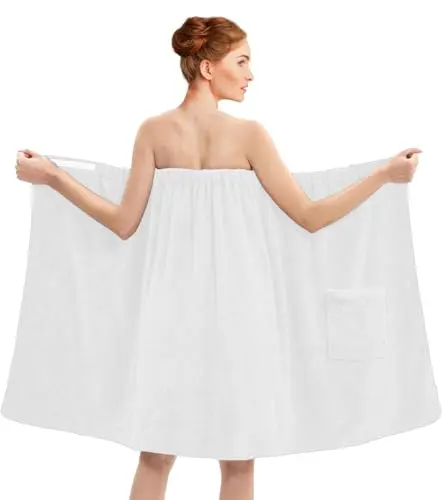 RIVERSIDE Cotton Terry Towel Wrap in white, showing Velcro closure and pocket