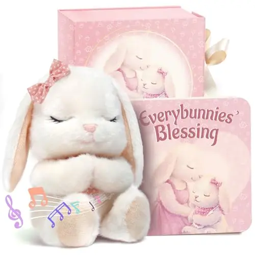 MyMateZoe 9-inch musical praying bunny plush toy and Everybunnies' Blessing book in a baptism gift set box.