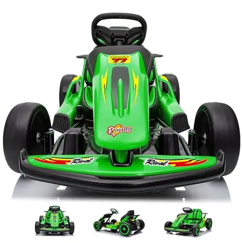 Letsgoride green electric drift go kart with a low chassis and racing-inspired design.