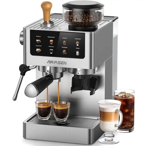 AIRMSEN BCM2316 espresso machine with built-in burr grinder and steam wand in stainless steel
