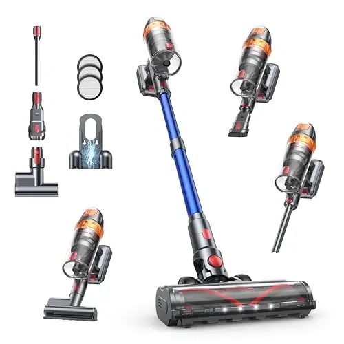 Blue SMOTURE cordless stick vacuum standing upright on its own