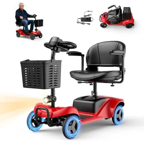 AXADA red lightweight foldable mobility scooter with basket and LED headlight