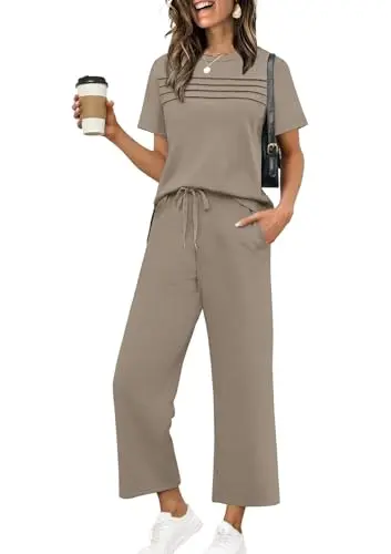 LOUNGE brand women's summer two-piece set with short sleeve top and wide leg crop pants in chocolate brown