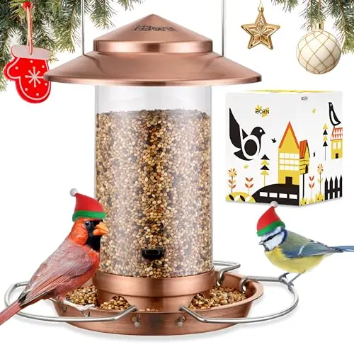 iBorn brushed copper small tube bird feeder with three foldable perches for cardinals.