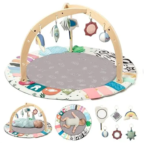 Baby Play Gym Mat with Tummy Time Activity in grey, featuring wooden frame and detachable toys