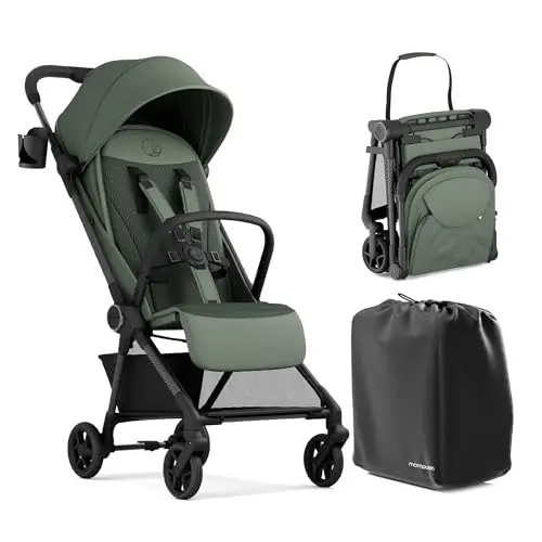 Mompush Nexis Carbon travel stroller folded compactly with a green canopy