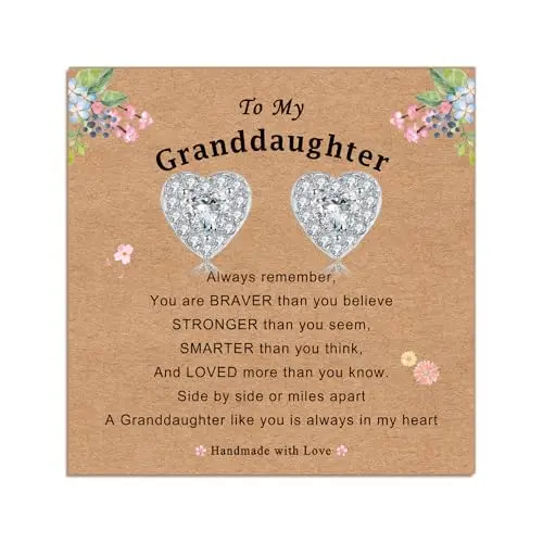 Eahoopfm tiny heart-shaped sterling silver stud earrings with cubic zirconia, presented in a gift box with a card.