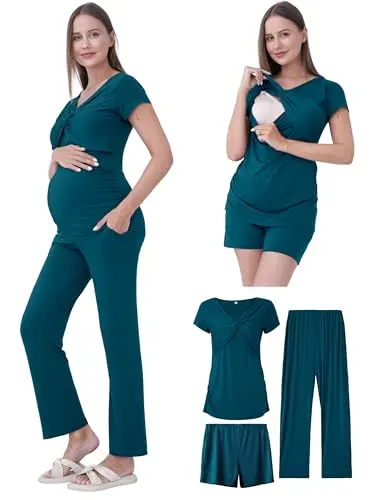 QUNISY deep blue maternity nursing pajama set with a cross-over top, shorts, and pants