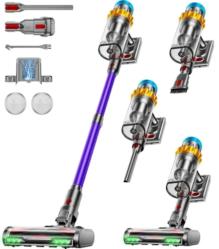 JRFYHFT purple cordless stick vacuum with large dust cup and green LED light
