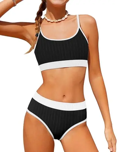 MIGU girls bikini set in black and white color-block pattern with adjustable straps