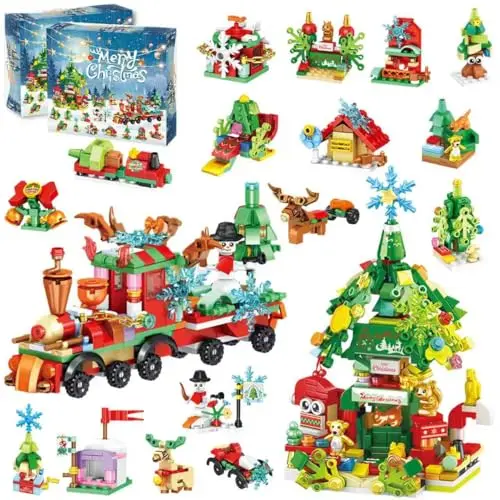 Advent calendar building blocks set forming a Christmas train and tree