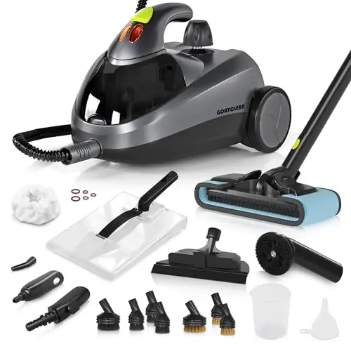 GOATCLEAN gray canister steam cleaner with multiple attachments on a clean wall