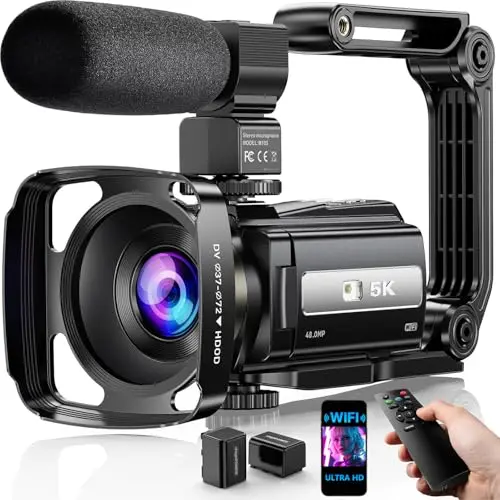 FJFJOPK 5K camcorder with attached handheld stabilizer grip and microphone