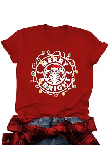 Ezcosplay Christmas shirt with Merry and Bright graphic print in red