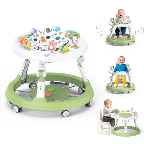 Goregent 4-in-1 foldable baby walker in green, showing the 360-degree spinning play tray.