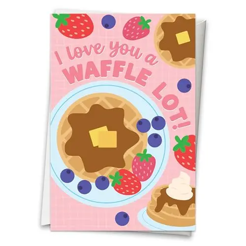 Hadley Designs Valentine card with pink waffle pattern and funny 'I love you a WAFFLE LOT!' text