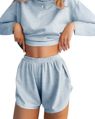 JUSTFASHIONNOW women's long sleeve striped pajama set in blue