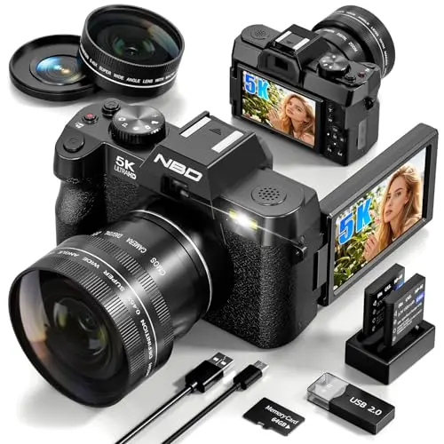 NBDDIGITAL 5K camera with flip screen and lens on a table