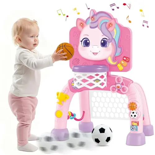 Unicorn-themed 2-in-1 toddler basketball hoop and soccer goal set