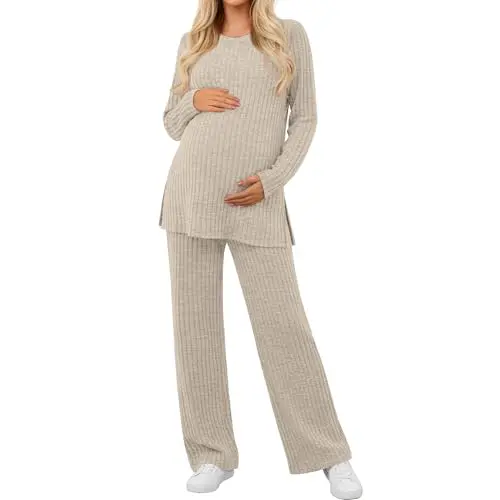 Sweetyweee apricot ribbed maternity pajama set with a long sleeve top and pants