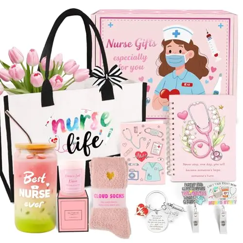 KAYUMONA pink nurse gift basket with glass bottle, notebook, tote bag, and badge reels