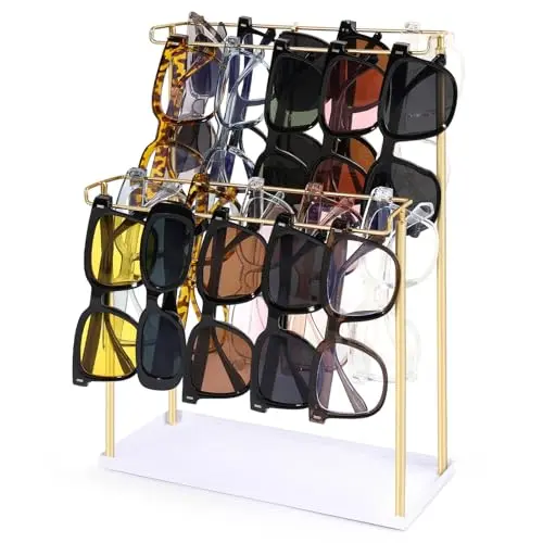 SNOWSTAR two-tier sunglass organizer with a white tray and golden iron frame