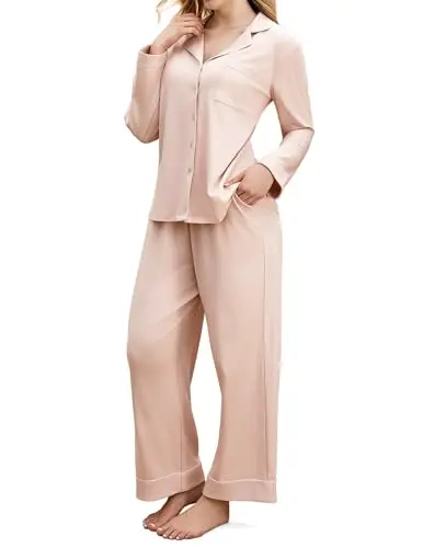 Momcozy long-sleeve button-down nursing pajama set in pink, packaged in a gift box.