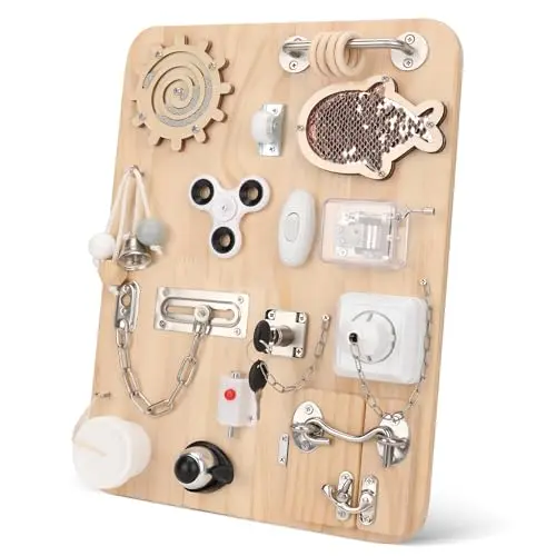Large wooden Montessori busy board with latches, gears, zippers, and locks on a natural wood background
