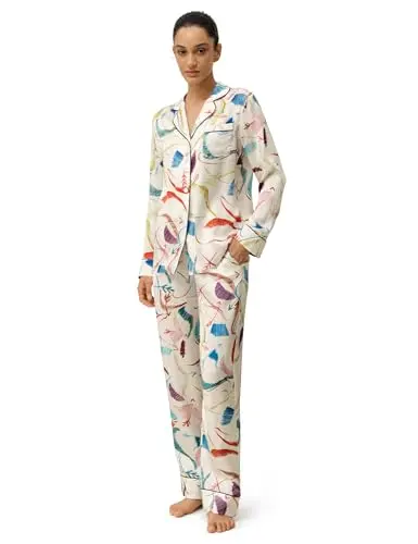 LilySilk women's long sleeve silk pajamas with zodiac pattern and lapel collar