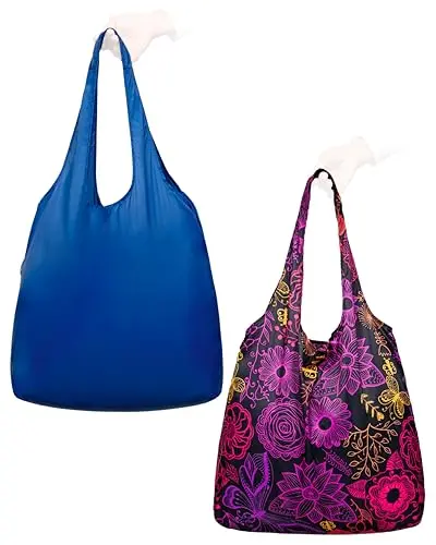Nanobag Standard Bundle in Navy with Neon Flowers pattern, folded compactly