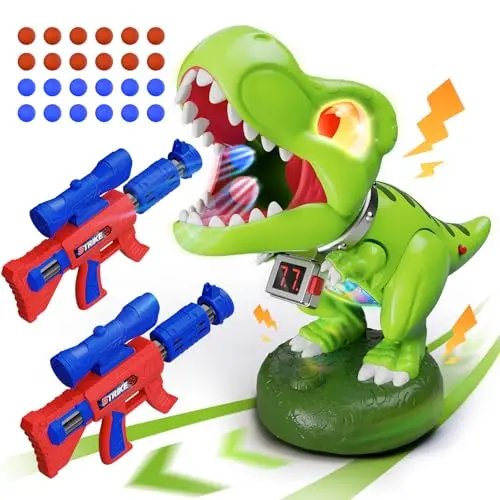 Realistic crawling dinosaur toy with two launchers and glowing eyes