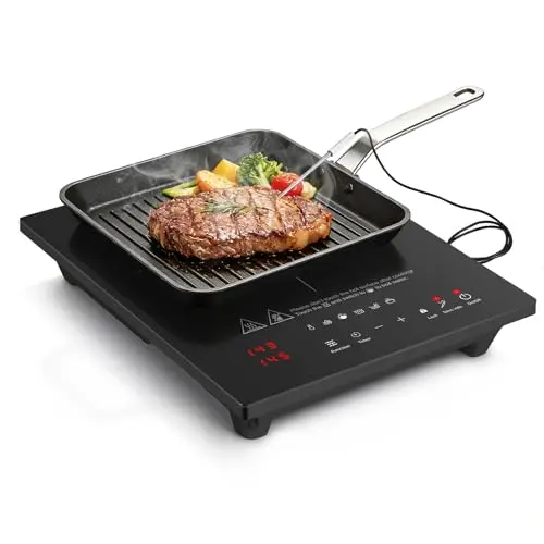 AMZCHEF induction cooktop with a digital temperature probe and dual LED display.