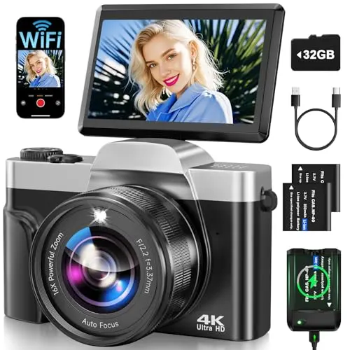 AUREAPIX 4K digital camera with flip screen on a travel bag