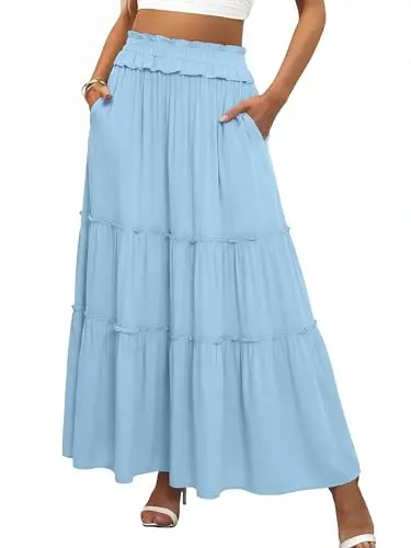 ANRABESS Women's Ruffle Tiered Maxi Skirt in Light Blue with elastic high waist