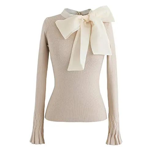 Chicwish Women's Bow Tied Long Sleeve Knit Top in cream color